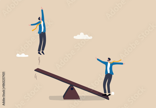 Manager support, effort to help partner reaching goal, assistance to get solution, teamwork or collaboration for success, businessman manager jump on seesaw help colleague jump high to reach target