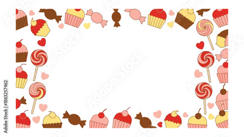 Sweet Temptation: A whimsical arrangement of colorful candy and pastries forms a delightful border, offering a tantalizing glimpse into a world of sugary delights, ready for your sweet messages.