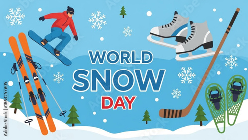 World snow day celebration with skiing, snowboarding, ice skating, hockey, and winter sports equipment