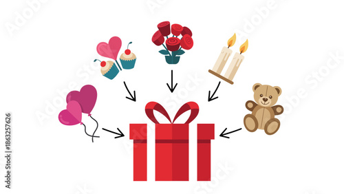 Gift of Affection: A visual celebration of heartfelt giving, featuring a wrapped gift at the center, surrounded by an array of symbols of love, romance, and appreciation.