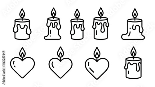 Burning Candles in Various Designs: An array of stylized candles in diverse forms, from classic cylindrical shapes to a heartwarming heart, all flickering with the soft glow of a gentle flame.