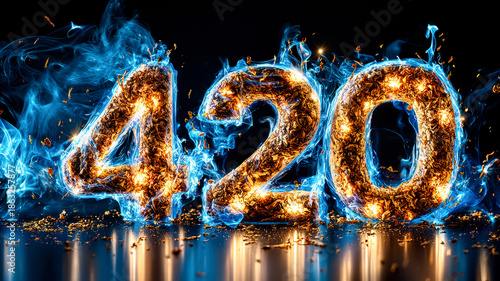 Number 420, symbol of marijuana smoking, made of smoke. Black background