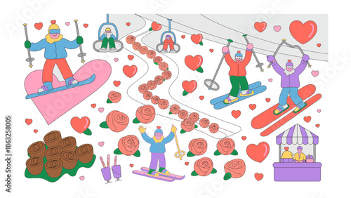 Valentine's Day Ski Resort Scene: Animated individuals revel in winter sports amidst a scene of love. Hearts, roses, and ski lifts create a charming and festive setting for this celebration.