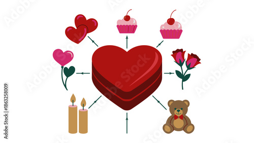 Valentine's Day Icon Composition: A vibrant collection of romantic symbols, including hearts, cupcakes, roses, candles, and a teddy bear, arranged around a central heart.