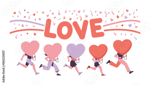 Love's Grand Pursuit: An animated portrayal of individuals racing towards an effervescent LOVE sign, symbolizing the passionate chase after romance and affection.