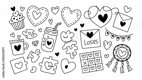 Hand-drawn Valentines doodle : A collection of charming hand-drawn doodles, capturing the essence of Valentine's Day with hearts, love, and sweet treats. 