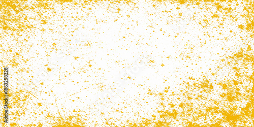 Abstract yellow vector background featuring a grunge watercolor paint splash and golden ink splatter pattern with orange artistic texture circles for a decorative frame design