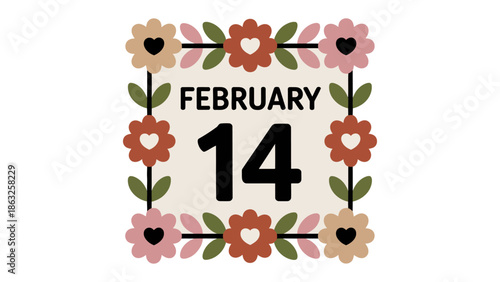 February 14 Floral Frame: Capturing the essence of romance, a calendar square adorned with blooming flowers displays February 14, symbolizing Valentine's Day.