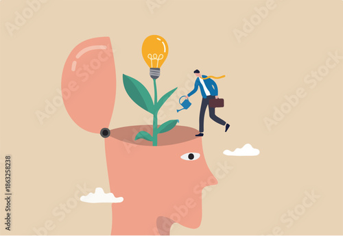 Grow new idea, plant innovative creativity, develop imagination to solve business problem, growth mindset or critical thinking concept, businessman watering seedling plant with lightbulb idea flower.