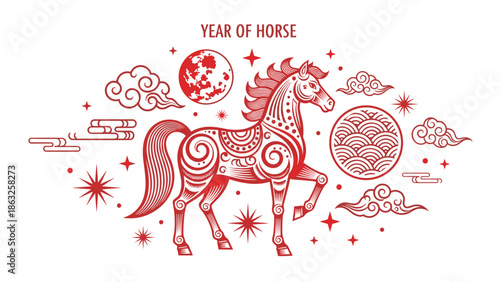Ornate Traditional Chinese Year of the Horse Illustration with Zodiac Symbolism and Lunar Elements