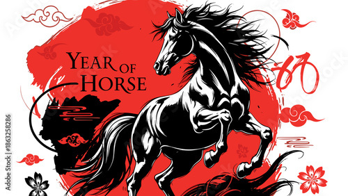 Dynamic Black and Red Rearing Horse Illustration for Lunar New Year and Year of the Horse