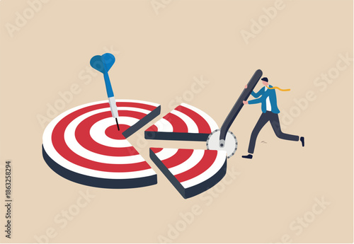 Break down big goal into small achievable goals, success strategy to focus on short, medium and long term goals to achieve final accomplishment, businessman break down dartboard target into chunks
