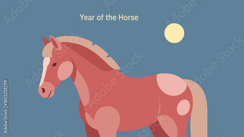 Year of the Horse illustration featuring a brown horse with white spots and moon on a blue background.
