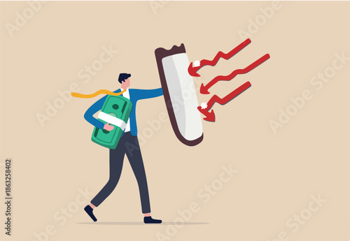 Future proof wealth management, inflation protection or protect from stock market crash, investment stock in market downturn concept, businessman investor holding shield to protect from red arrow bow.