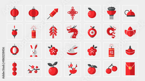 Detailed Pixel Art Lunar New Year Icon Collection with Lanterns, Firecrackers, Dragons, Rabbits, and Auspicious Fruits