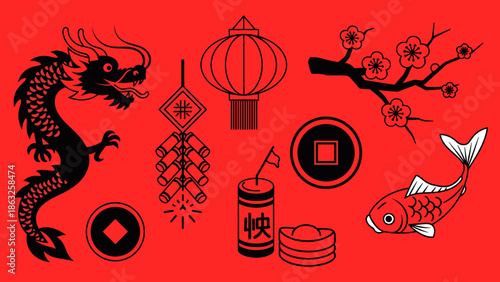 Bold Lunar New Year Icons with Dragon, Lanterns, Firecrackers, Coins, and Koi Fish on Red Background
