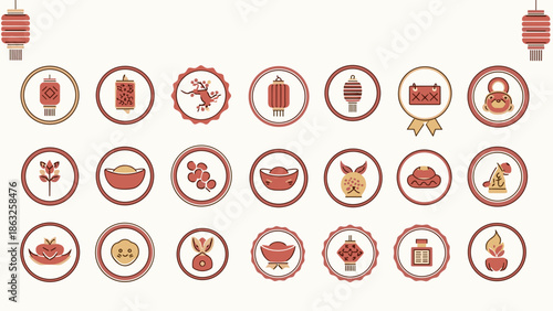 Circular Framed Pixel Art Lunar New Year Icons Collection with Traditional Symbols and Zodiac Animals