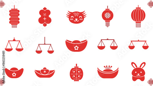 Red Pixel Art Lunar New Year Icons Set with Tiger, Rabbit, Gold Ingots, Scales, and Traditional Decorations
