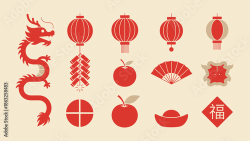 Pixel Art Lunar New Year Icon Set with Dragon, Lanterns, Firecrackers, Apples, Fans, and Auspicious "Fu" Character