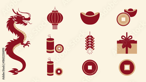 Pixel Art Lunar New Year Icon Set with Dragon, Lantern, Gold Ingots, Coins, Firecrackers, and Festive Gift Box