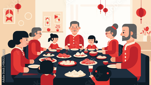 Minimalist Geometric Style Chinese Lunar New Year Family Dinner Gathering Illustration