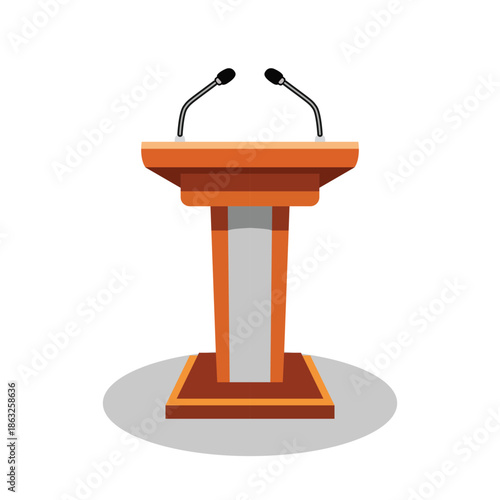 Tribune vector illustration orange podium rostrum stand with microphones for public speaking