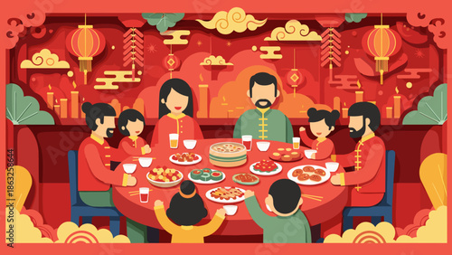 Elaborate Paper-Cut Style Chinese Lunar New Year Family Dinner with Rich Decorations and Food