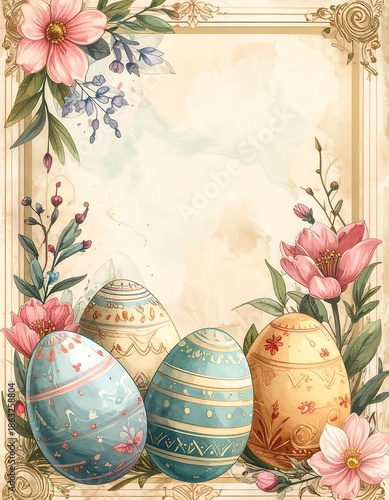 Decorated Easter Eggs with Floral Frame.