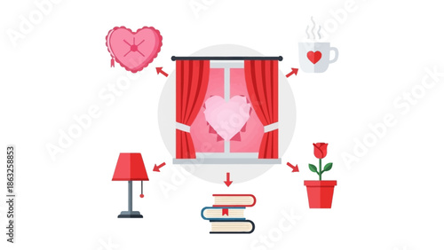 Love's Embrace: A charming illustration depicts the essence of affection, featuring a window as the heart of the scene, surrounded by symbols of love.