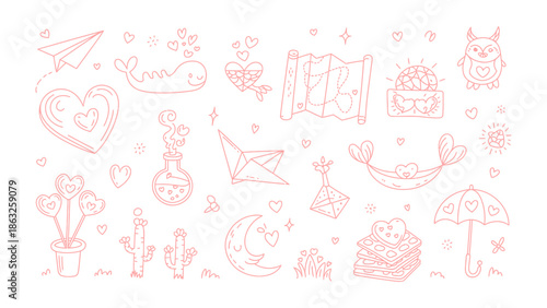 Love-themed Doodle Art: Playful doodle illustrations of heart symbols, with whimsical variations, creating a lighthearted atmosphere. 