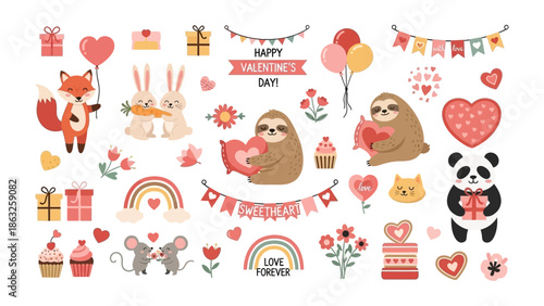 Valentine's Day Bundle: An adorable collection of cartoon animals and decorations create a festive vibe, the image conveys a sense of warmth and affection.