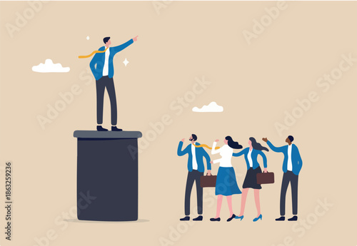 Thought leadership, CEO or executive position who guide company direction, leading business forward or guiding direction concept, confident businessman leader pointing finger for colleagues to follow.
