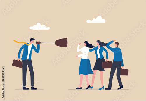 Effective communication, clear and concise message, leadership skill to communicate with team concept, confidence businessman manager talk with team through megaphone in clear discussion meeting