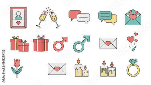 Symbols of Affection: A visual symphony of love, showcasing diverse icons representing affection, from romantic gifts and letters to intimate celebrations.