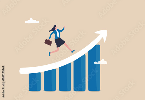 Work improvement, career growth or performance to achieve success, progress or challenge concept, businesswoman running up rising arrow on performance improvement bar graph.