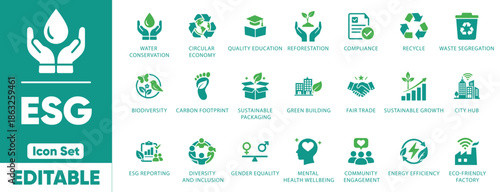 ESG Sustainability and Corporate Social Responsibility Governance Vector Icon Set