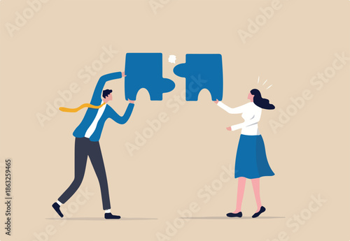 Mismatch or mistake, wrong business decision or failure of incorrect solution, mismanagement or invalid choice concept, confused business people putting mismatch or wrong jigsaw puzzle together.