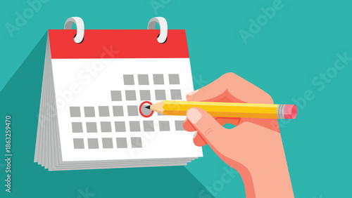 Person hand marking specific date on paper wall calendar using yellow pencil on teal backdrop