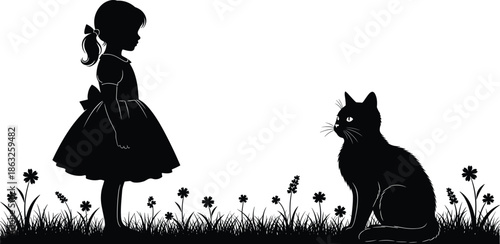 Silhouette, girl, cat, field, flowers, black, white, background, dress, ribbon, ponytail, sitting, nature, peaceful, interaction, innocence, companionship, grass, child, animal, scene