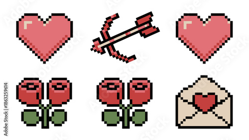 Pixelated Valentine's: A collection of pixel art symbols that represent love, including a heart, arrow, bow, rose and envelope. Expressing sentiment and affection with retro style.
