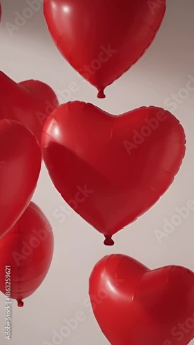Close-up of heart-shaped balloons, symbolizing love and romance, floating in the air