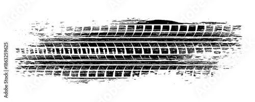 Black tire marks on road, Black rubber tire marks and tread marks, Tire trace track wheels texture and background, Auto tire tread grunge, Car wheel tyre tread track black tyre print, Top view.
