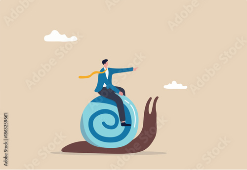 Slow growth, inefficient or stupid mistake, businessman idiot leader riding slow snail never reach goal, losing business competition.