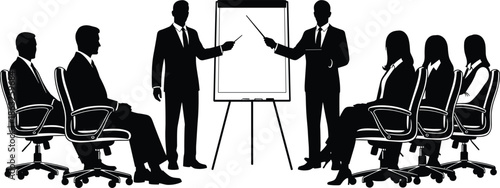 Business meeting silhouette illustration showing executives presenting strategy, teamwork, leadership, discussion, planning, corporate training, and professional collaboration scene