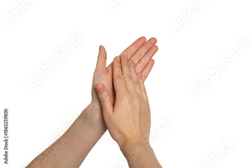 Clapping hands gesture symbolizing applause, approval, success, celebration, and positive feedback. Expressive body language on white background. High quality photo