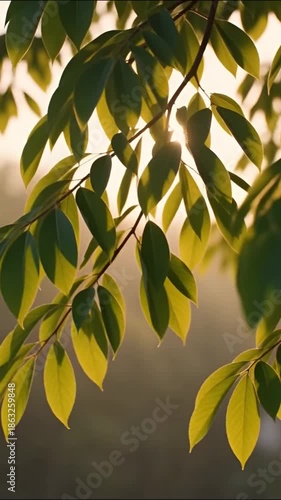 Sunlight filters through a branch of leaves, creating a warm, golden glow. The image showcases the beauty of nature