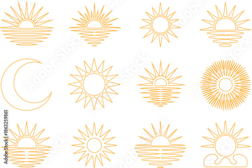 Bohemian Sun Outline Icon Set  Abstract Sunburst and Arc Window Symbols