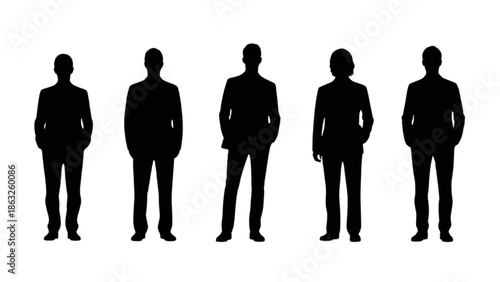 Five business people silhouettes in formal attire standing in a row