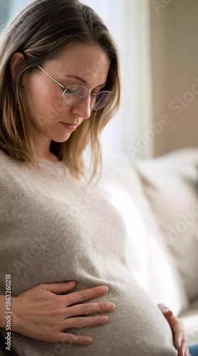Pregnant woman experiencing abdominal discomfort at home maternal healthcare concept for pregnancy care prenatal health medical awareness and wellness content