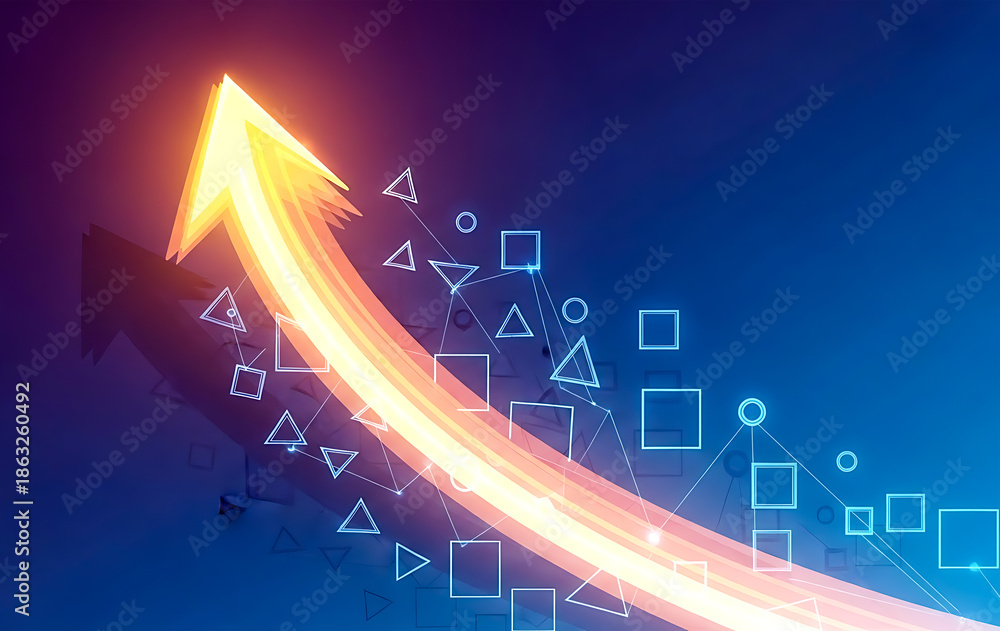 Fototapeta premium Glowing orange arrow ascends through abstract geometric shapes on a dark blue background upward growth